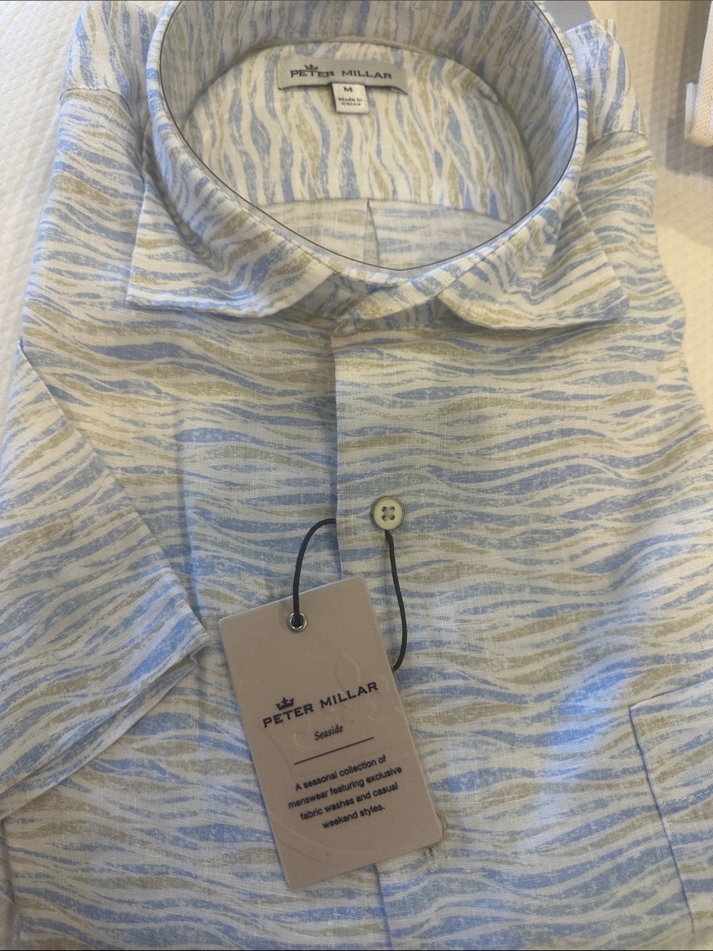 Peter Millar Light Blue & White Striped Wave-Pattern Short Sleeve Shirt